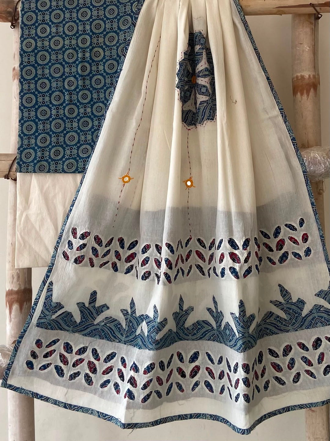 Pure Cotton Azrakh Print Unstitched Suit With Patch Work & Mirror Work Dupatta.