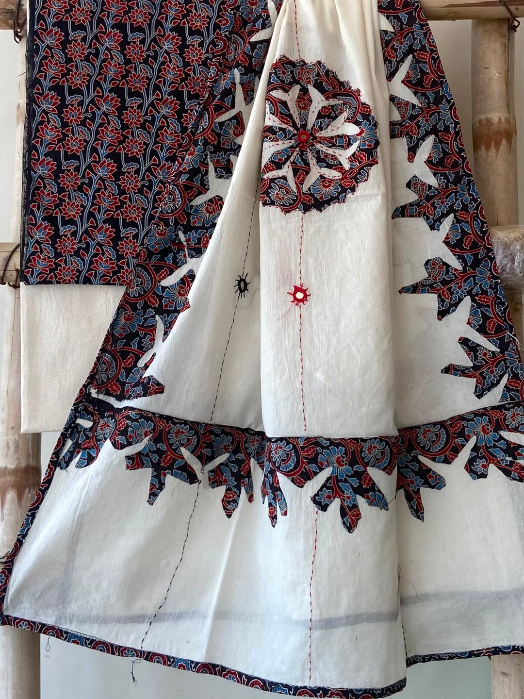 Pure Cotton Azrakh Print Unstitched Suit With Patch Work & Mirror Work Dupatta.