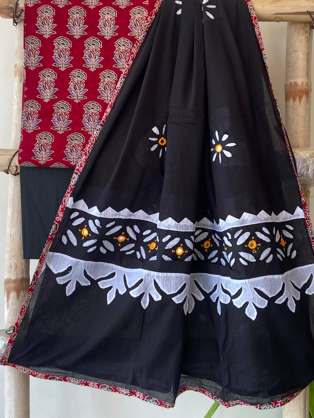Pure Cotton Azrakh Print Unstitched Suit With Patch Work & Mirror Work Dupatta.