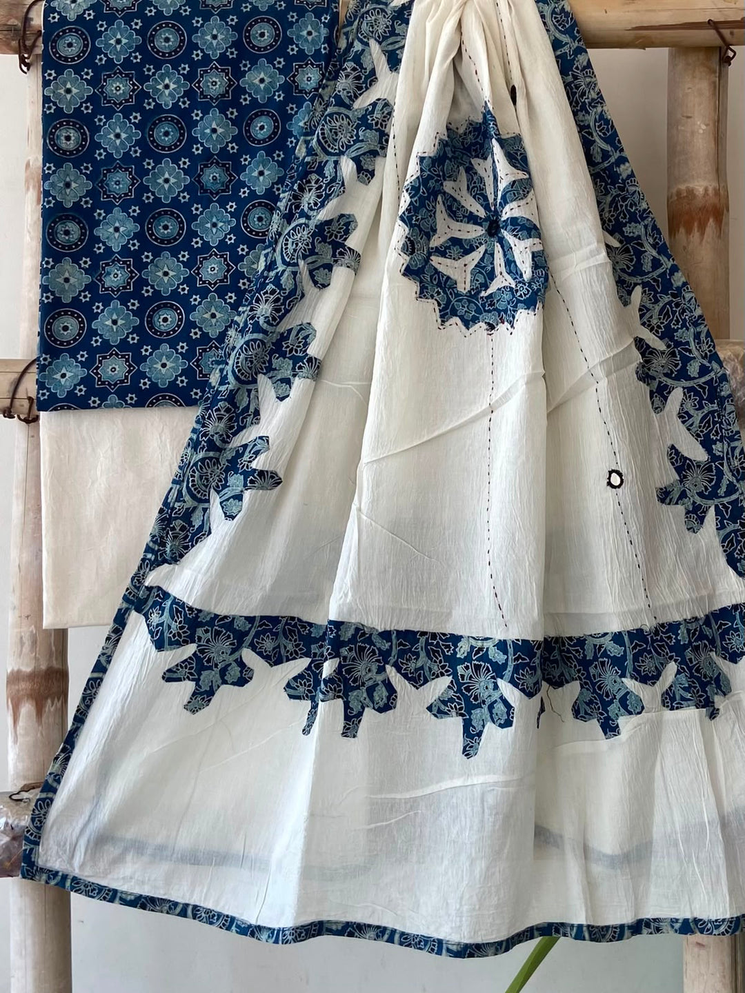 Pure Cotton Azrakh Print Unstitched Suit With Patch Work & Mirror Work Dupatta.