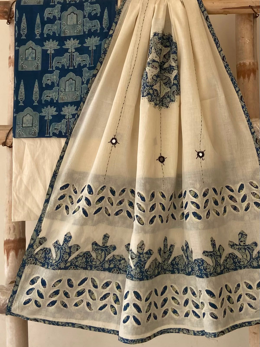 Pure Cotton Azrakh Print Unstitched Suit With Patch Work & Mirror Work Dupatta.