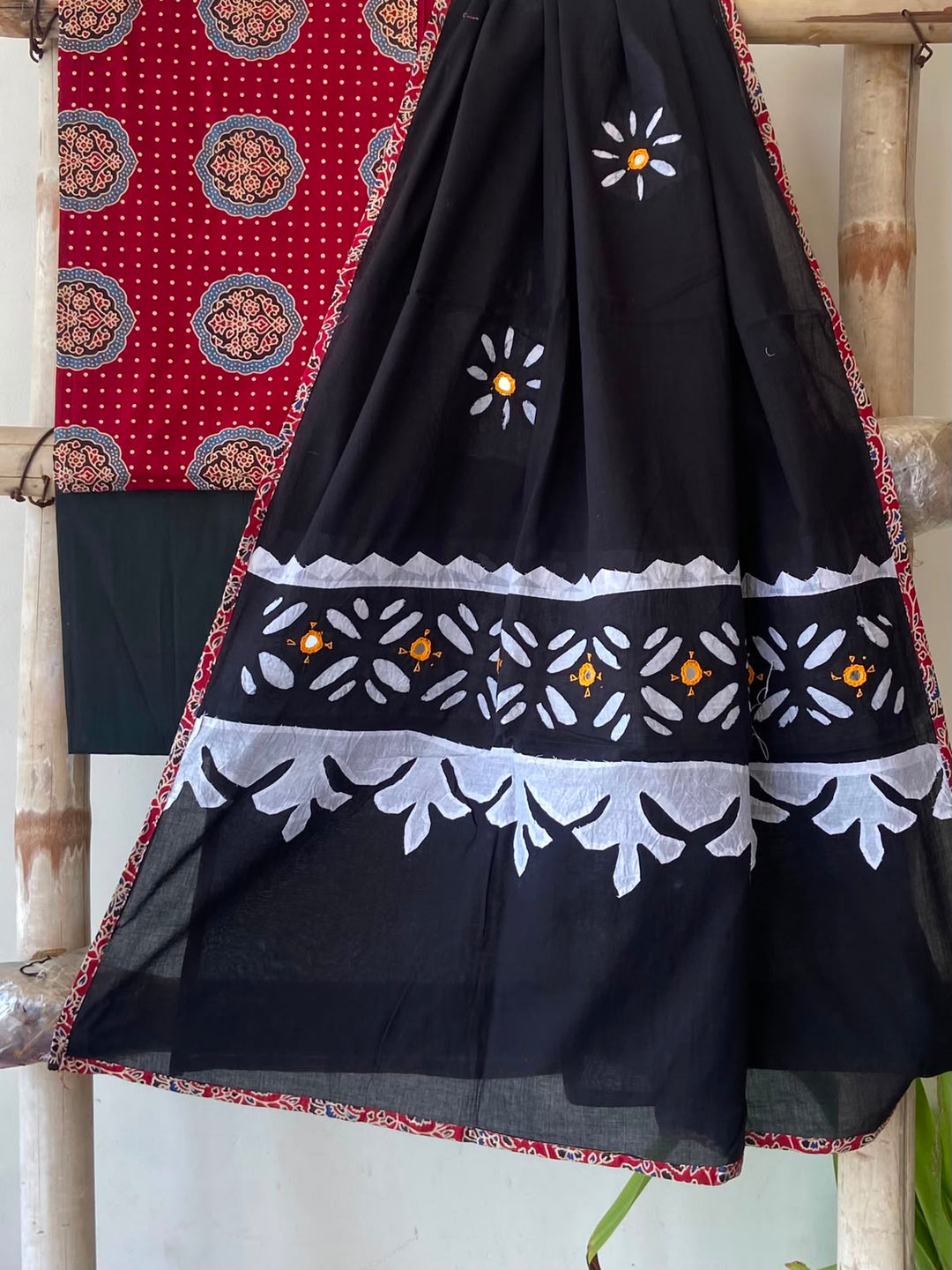 Pure Cotton Azrakh Print Unstitched Suit With Patch Work & Mirror Work Dupatta.