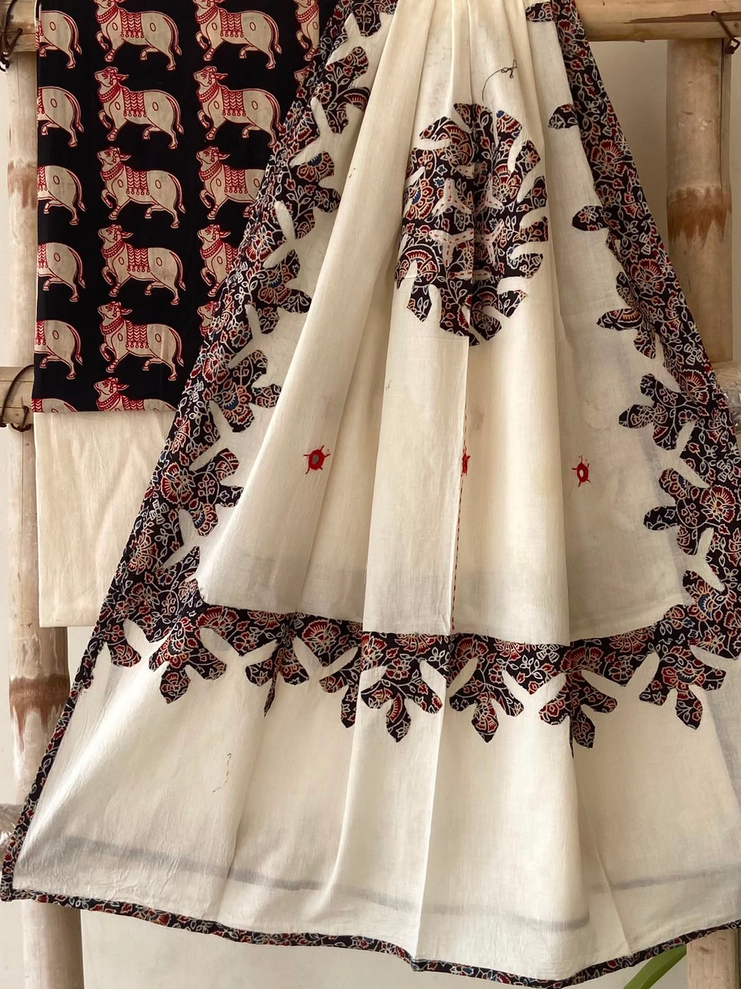 Pure Cotton Azrakh Print Unstitched Suit With Patch Work & Mirror Work Dupatta.
