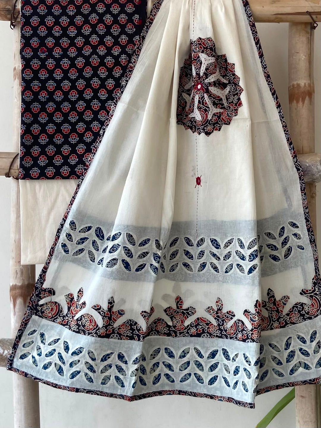 Pure Cotton Azrakh Print Unstitched Suit With Patch Work & Mirror Work Dupatta.