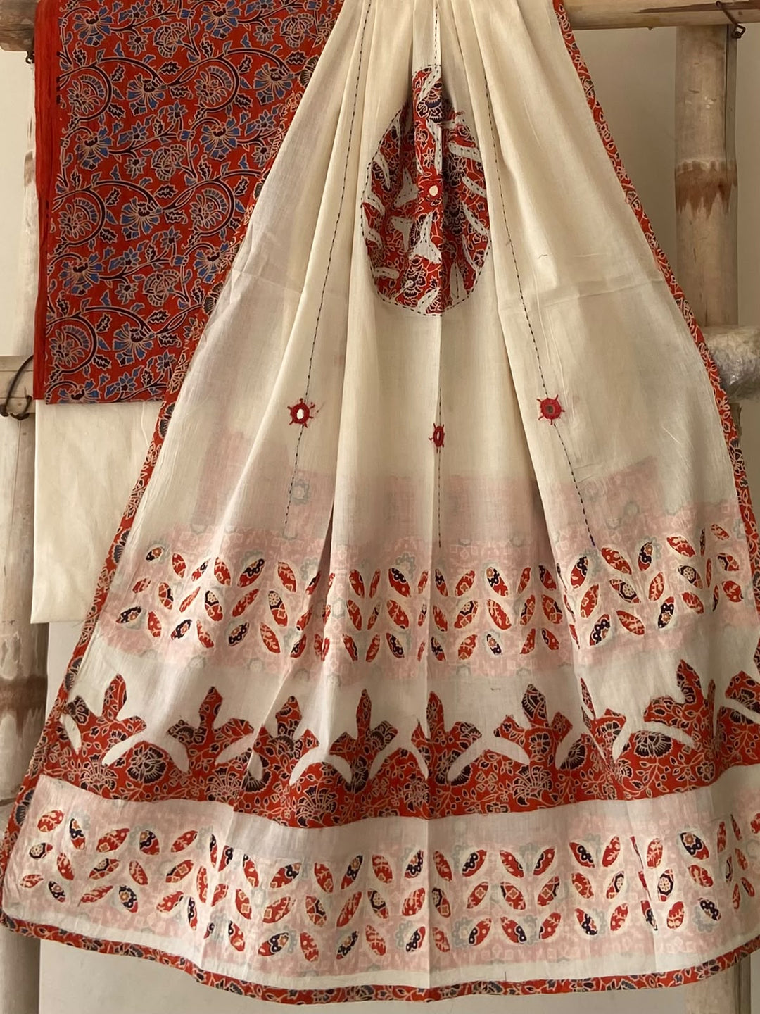 Pure Cotton Azrakh Print Unstitched Suit With Patch Work & Mirror Work Dupatta.