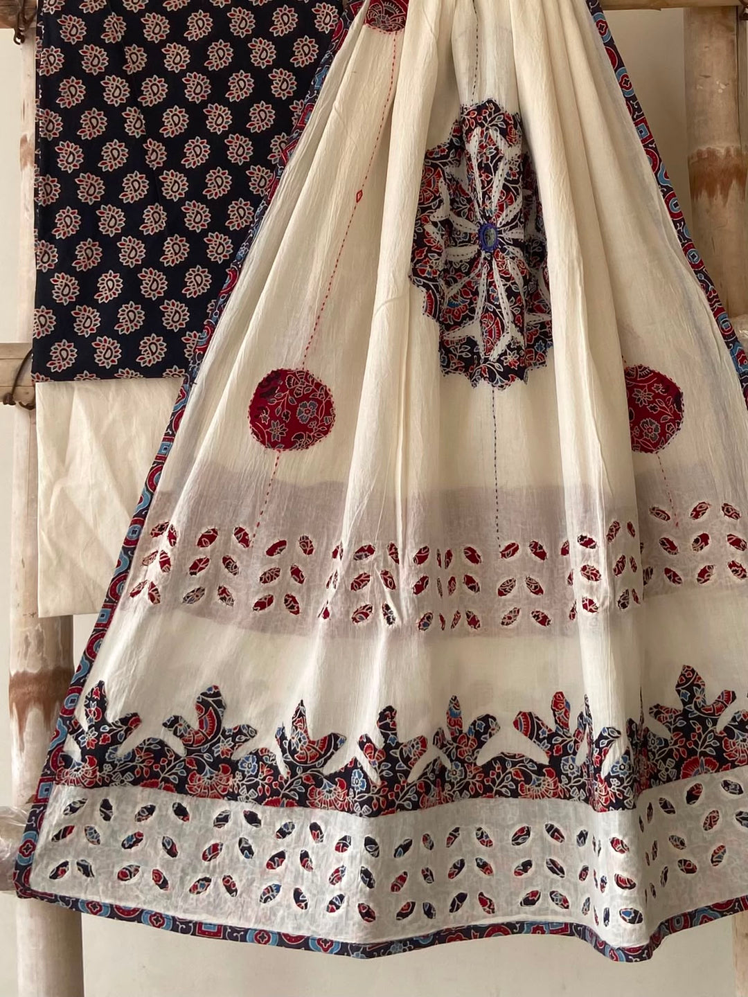 Pure Cotton Azrakh Print Unstitched Suit With Patch Work & Mirror Work Dupatta.