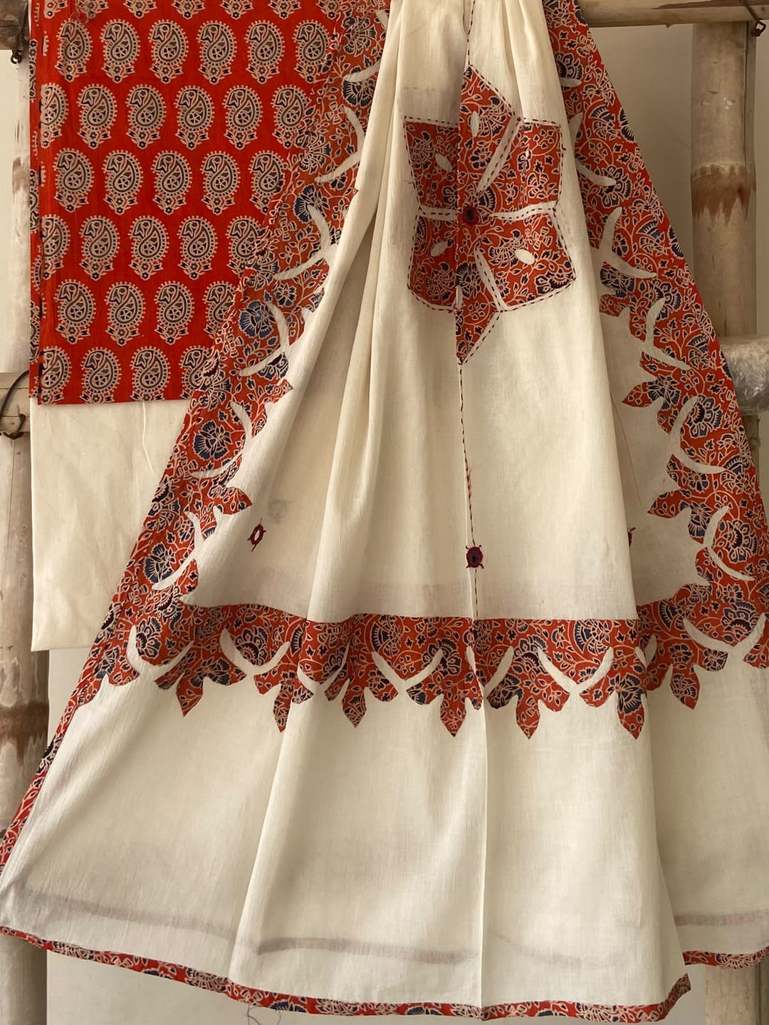 Pure Cotton Azrakh Print Unstitched Suit With Patch Work & Mirror Work Dupatta.