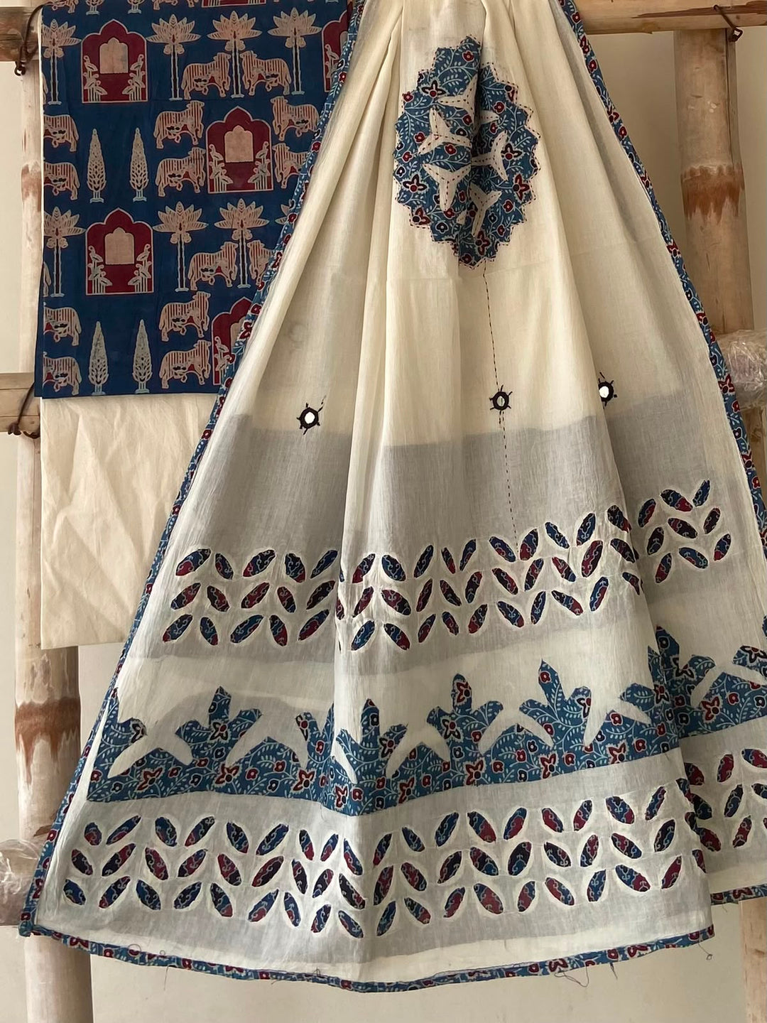 Pure Cotton Azrakh Print Unstitched Suit With Patch Work & Mirror Work Dupatta.