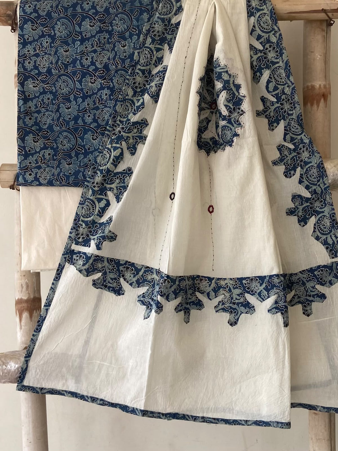 Pure Cotton Azrakh Print Unstitched Suit With Patch Work & Mirror Work Dupatta.