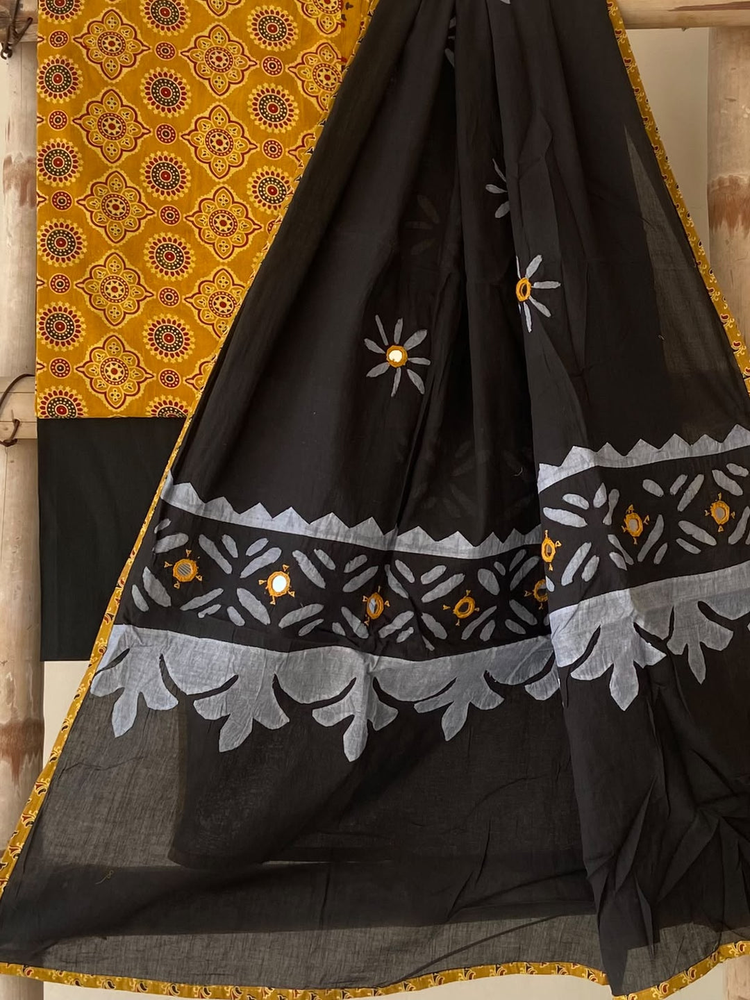 Pure Cotton Azrakh Print Unstitched Suit With Patch Work & Mirror Work Dupatta.