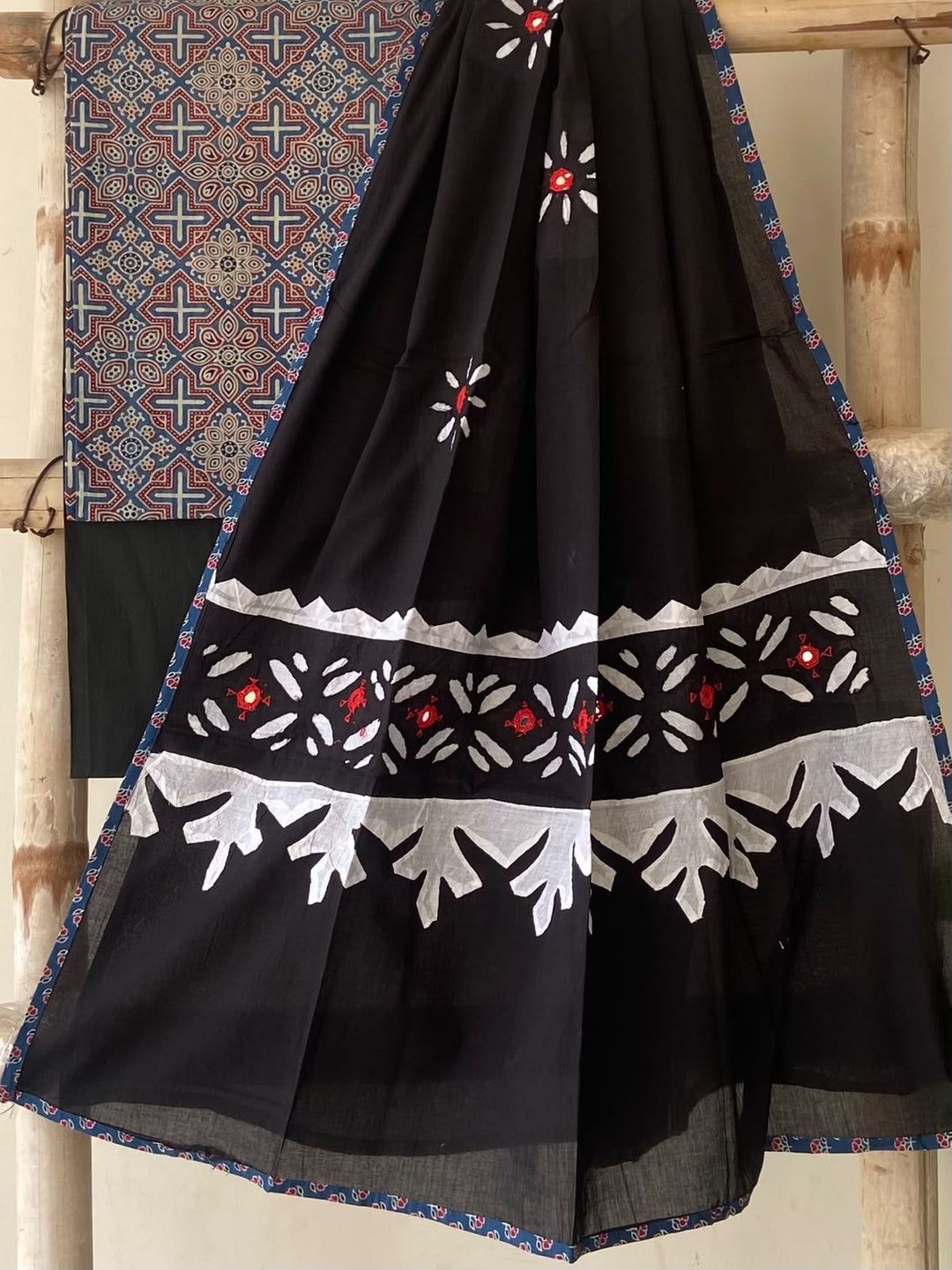 Pure Cotton Azrakh Print Unstitched Suit With Patch Work & Mirror Work Dupatta.