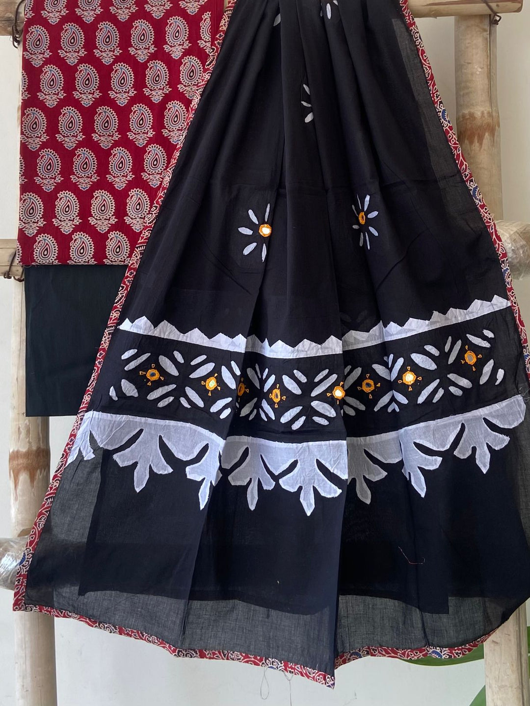 Pure Cotton Azrakh Print Unstitched Suit With Patch Work & Mirror Work Dupatta.