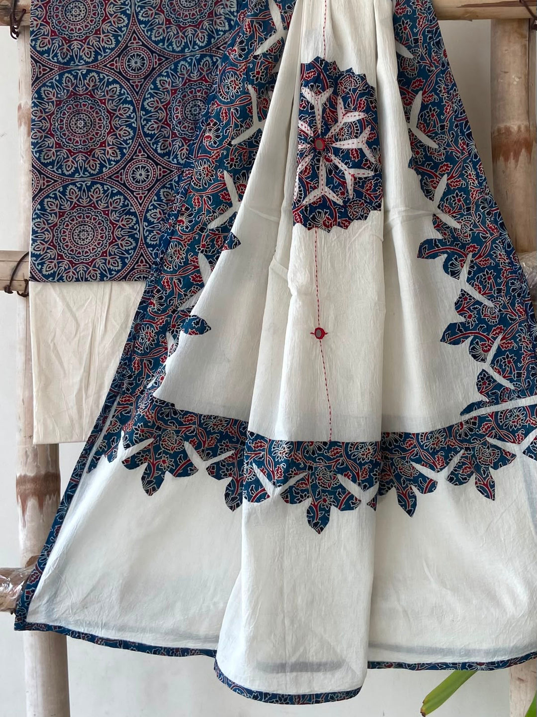 Pure Cotton Azrakh Print Unstitched Suit With Patch Work & Mirror Work Dupatta.