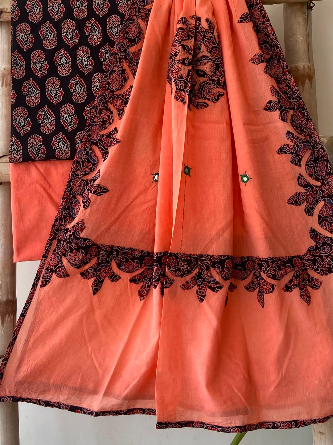 Pure Cotton Azrakh Print Unstitched Suit With Patch Work & Mirror Work Dupatta.