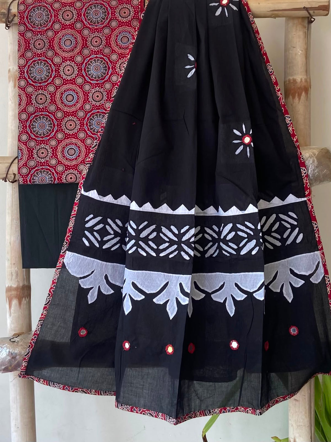 Pure Cotton Azrakh Print Unstitched Suit With Patch Work & Mirror Work Dupatta.