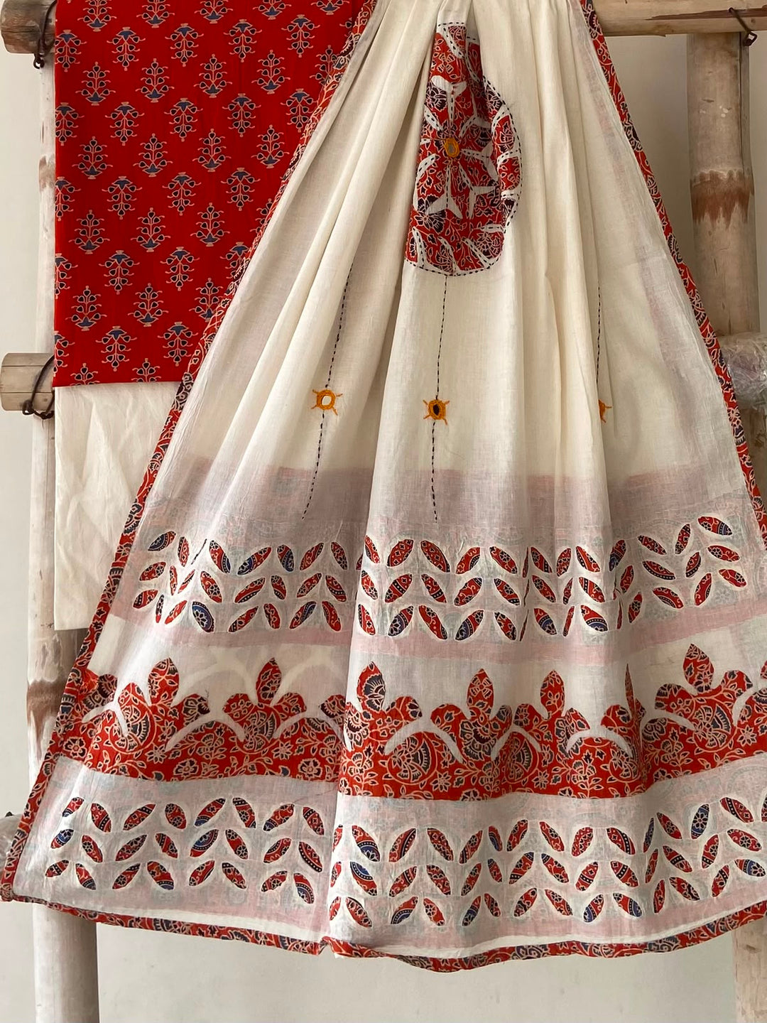 Pure Cotton Azrakh Print Unstitched Suit With Patch Work & Mirror Work Dupatta.