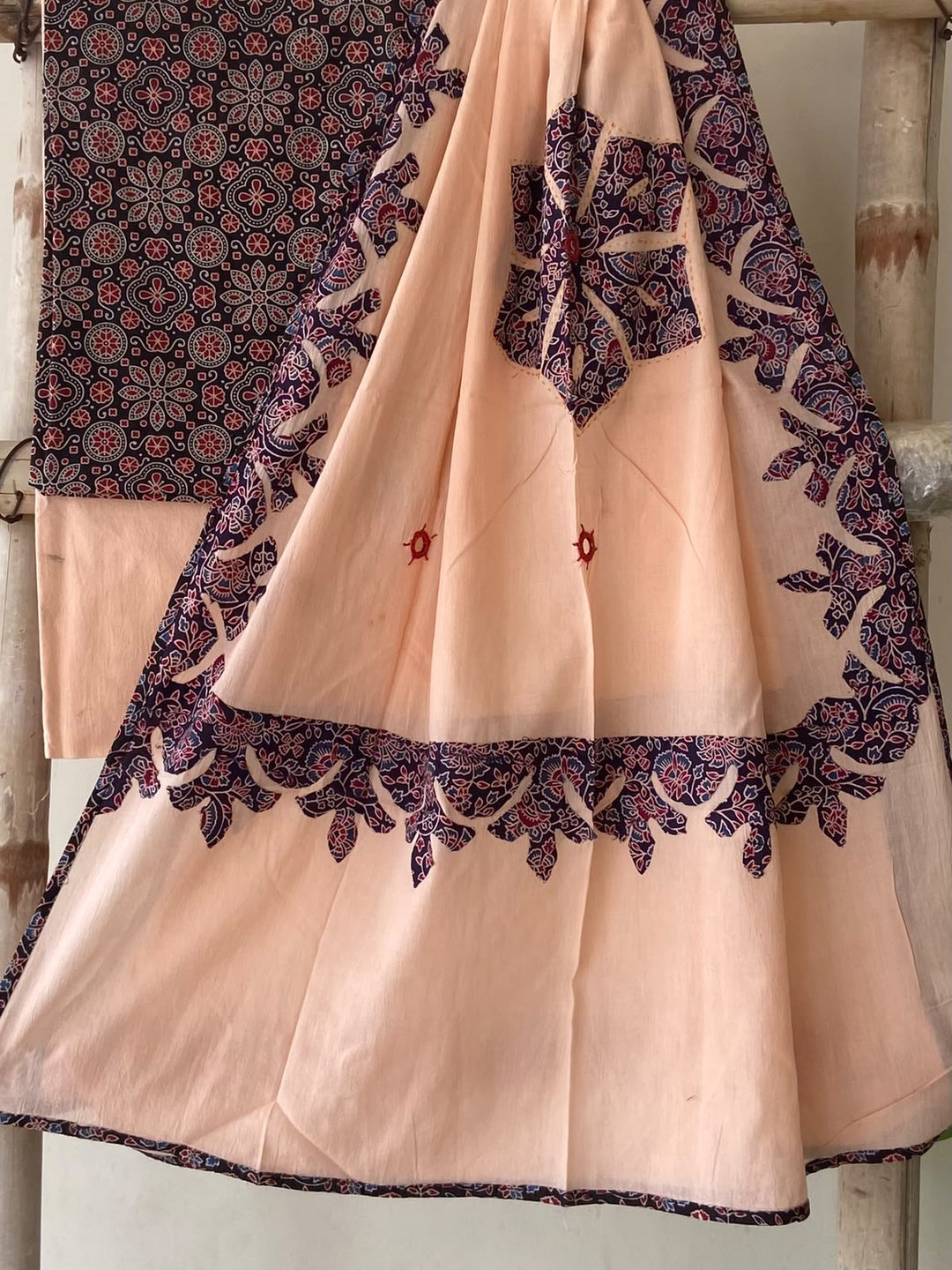 Pure Cotton Azrakh Print Unstitched Suit With Patch Work & Mirror Work Dupatta.