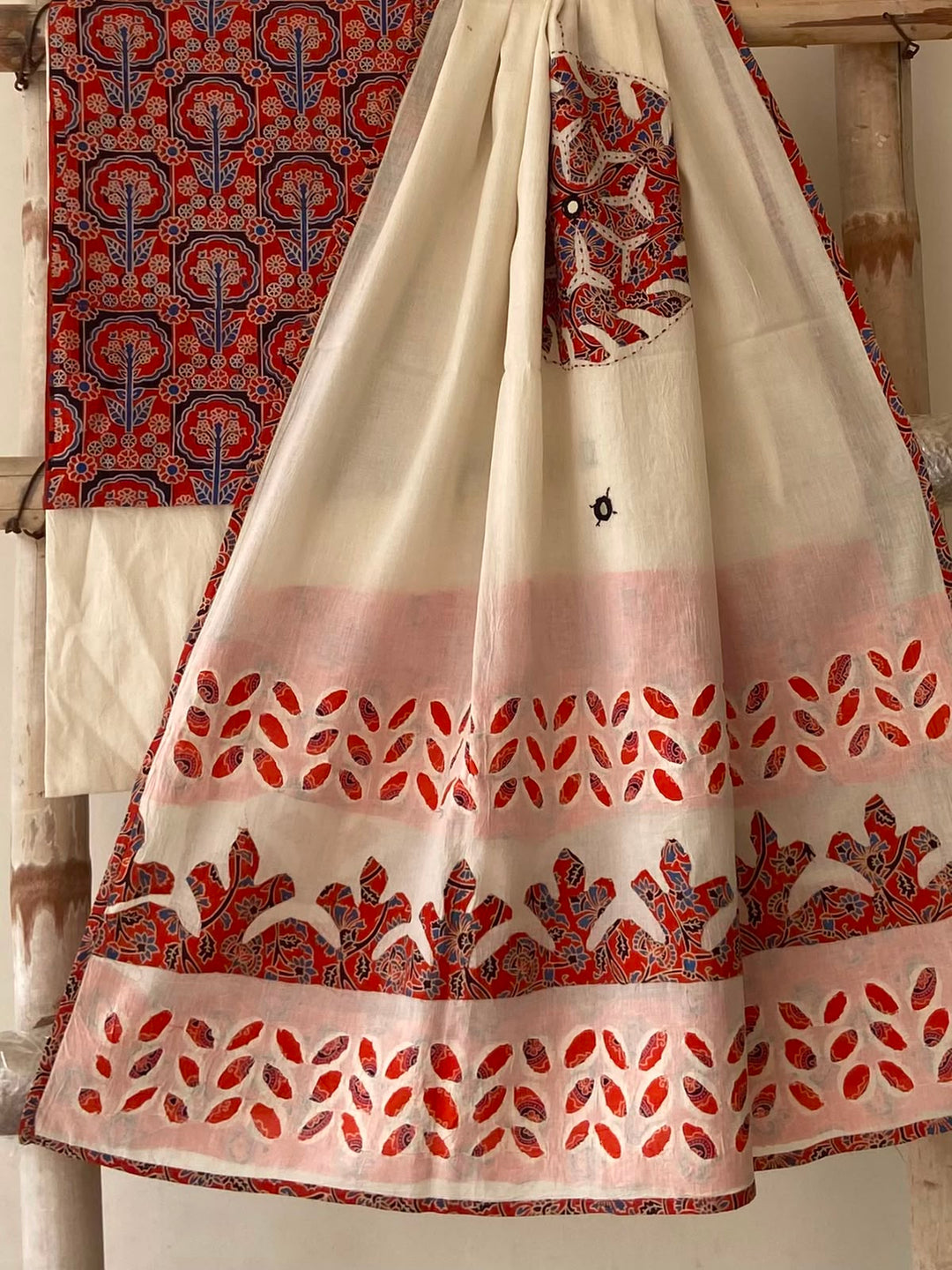 Pure Cotton Azrakh Print Unstitched Suit With Patch Work & Mirror Work Dupatta.