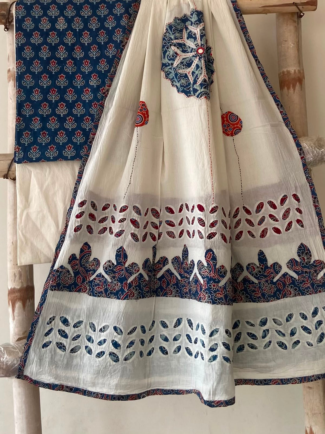 Pure Cotton Azrakh Print Unstitched Suit With Patch Work & Mirror Work Dupatta.