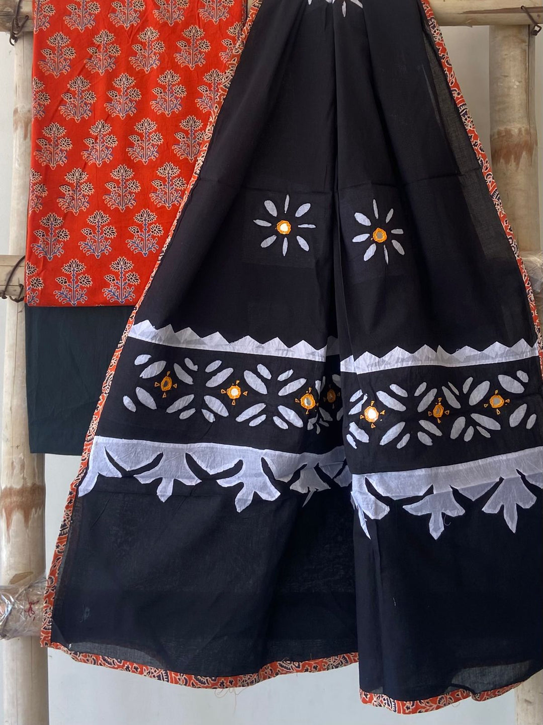 Pure Cotton Azrakh Print Unstitched Suit With Patch Work & Mirror Work Dupatta.