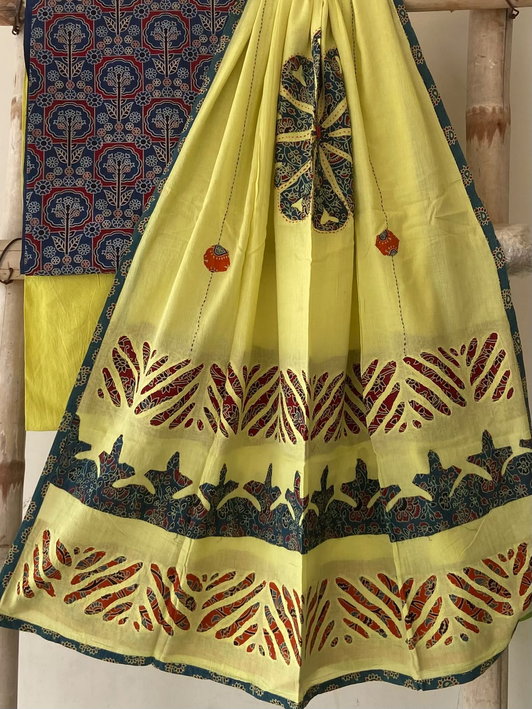 Pure Cotton Azrakh Print Unstitched Suit With Patch Work & Mirror Work Dupatta.