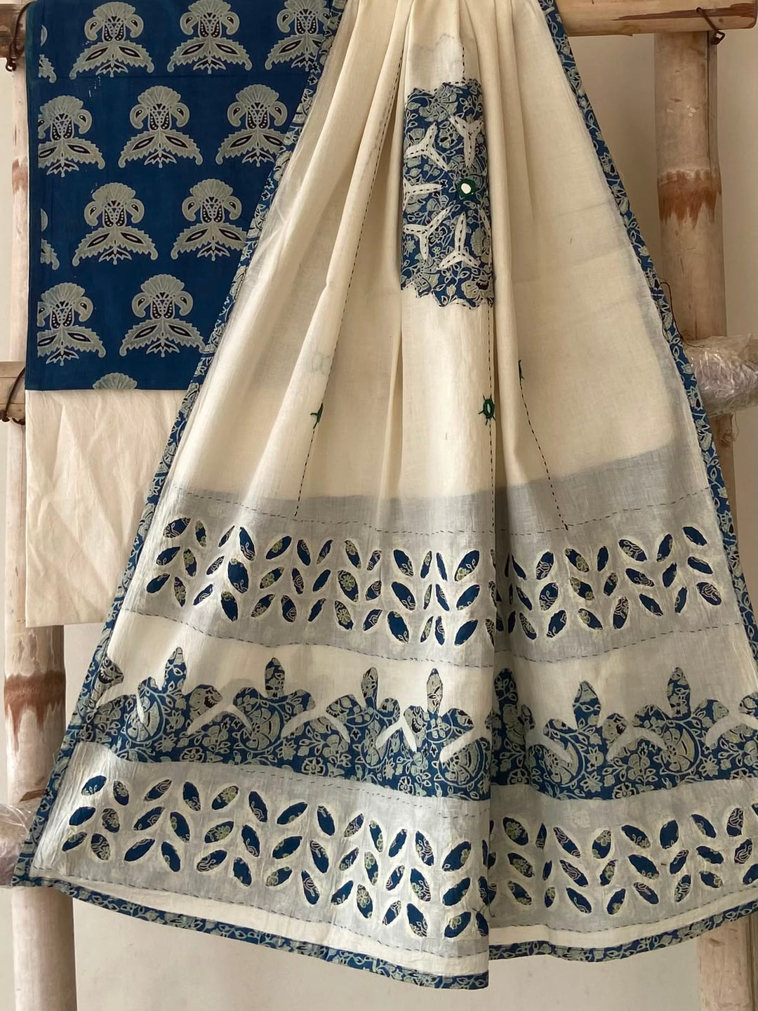 Pure Cotton Azrakh Print Unstitched Suit With Patch Work & Mirror Work Dupatta.