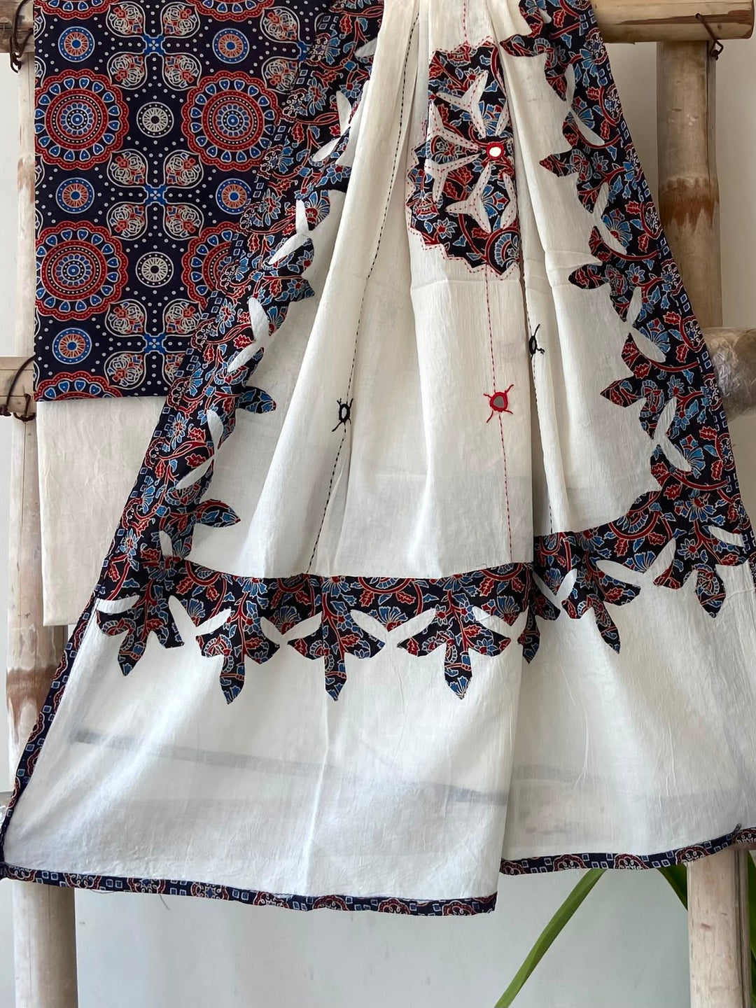 Pure Cotton Azrakh Print Unstitched Suit With Patch Work & Mirror Work Dupatta.