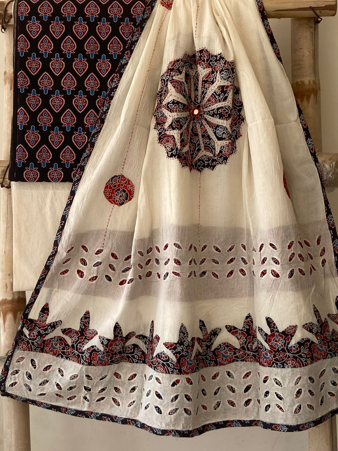 Pure Cotton Azrakh Print Unstitched Suit With Patch Work & Mirror Work Dupatta.
