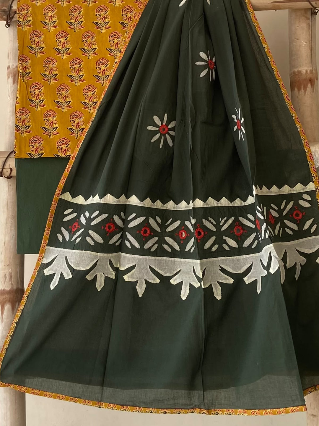 Pure Cotton Azrakh Print Unstitched Suit With Patch Work & Mirror Work Dupatta.
