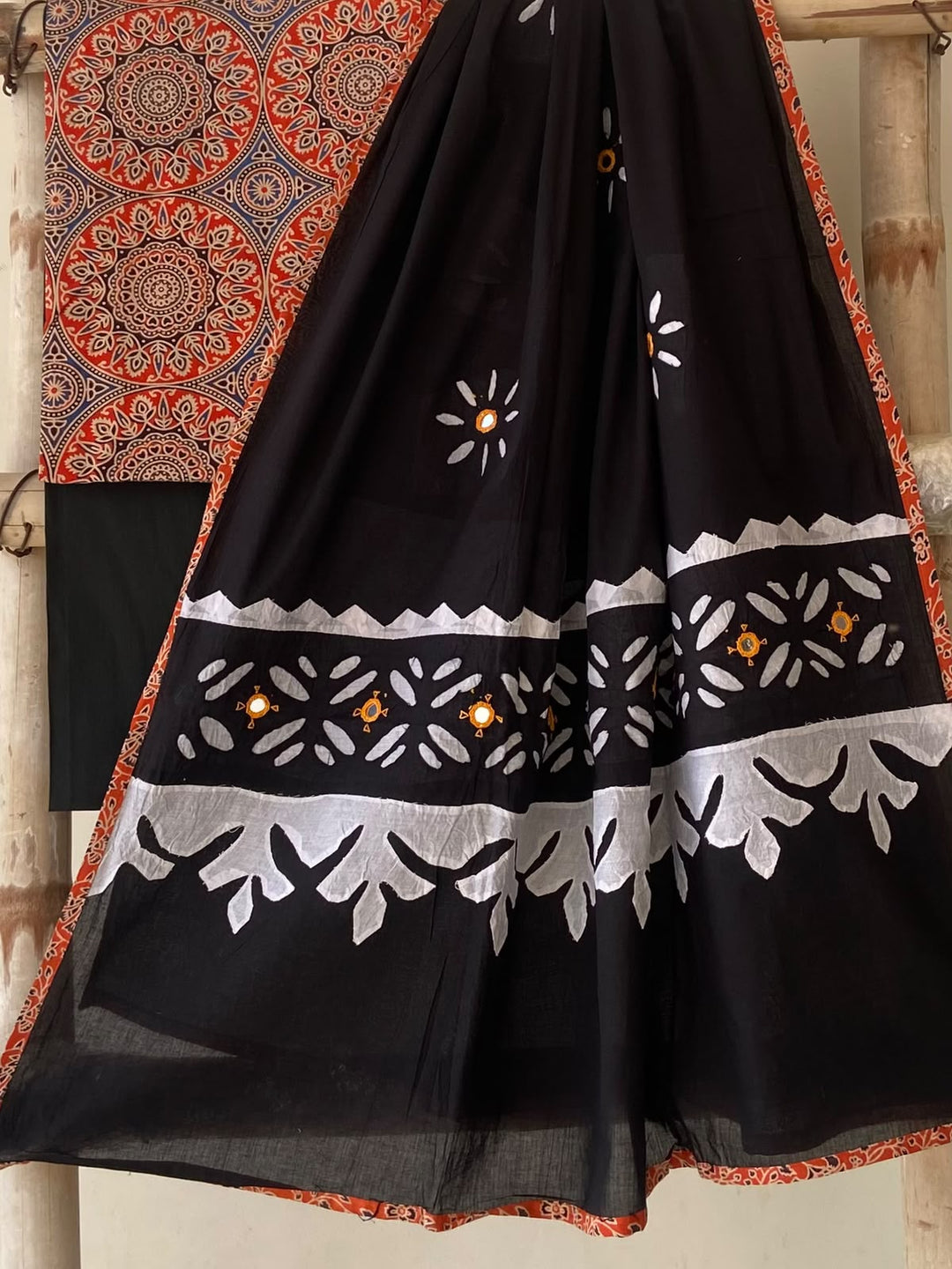Pure Cotton Azrakh Print Unstitched Suit With Patch Work & Mirror Work Dupatta.