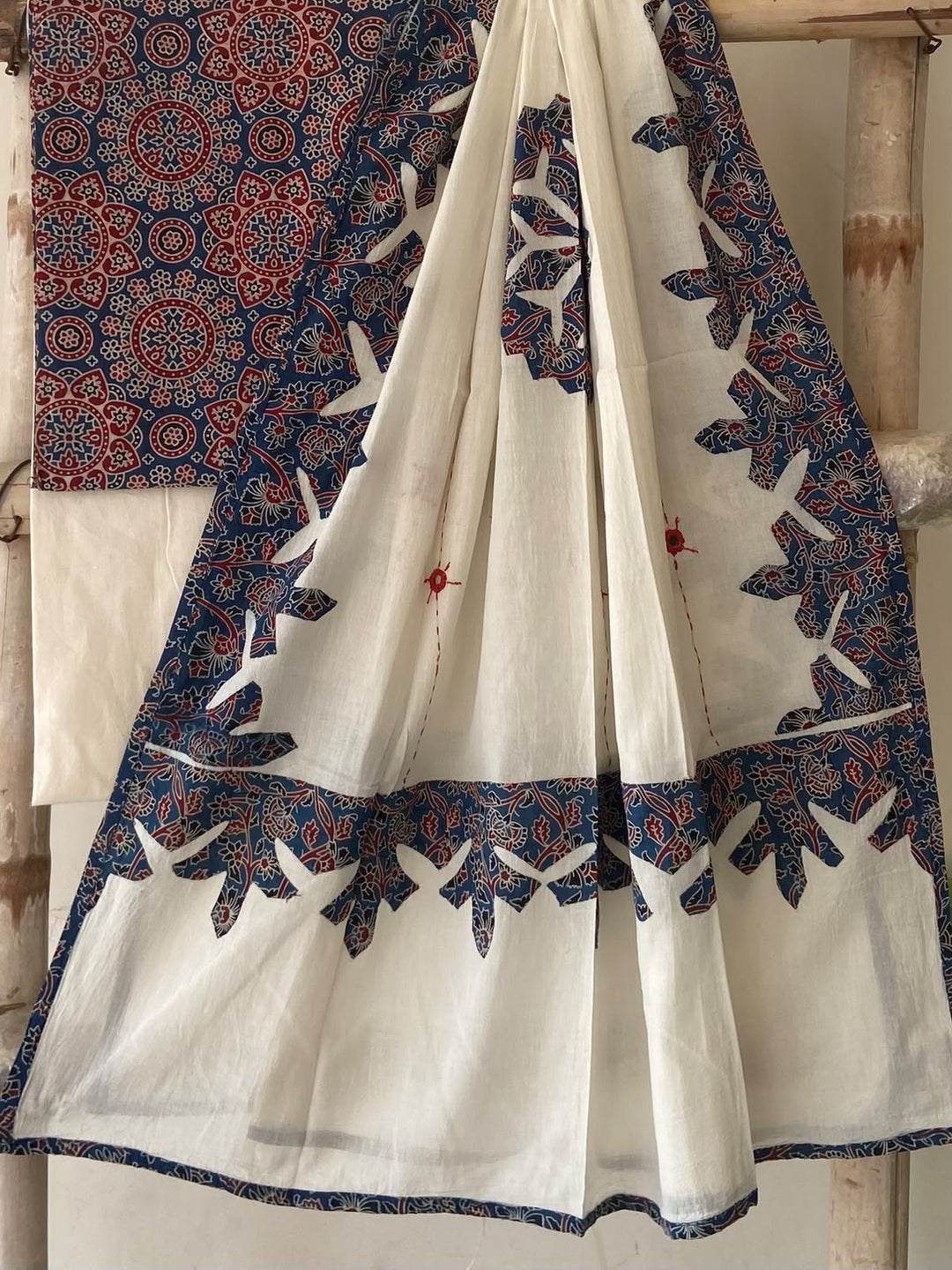 Pure Cotton Azrakh Print Unstitched Suit With Patch Work & Mirror Work Dupatta.