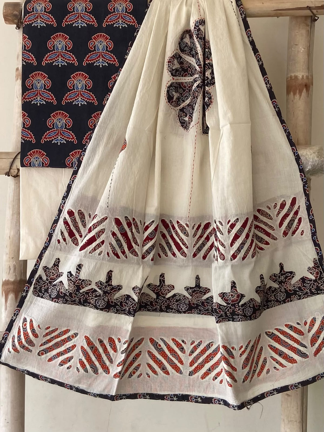 Pure Cotton Azrakh Print Unstitched Suit With Patch Work & Mirror Work Dupatta.