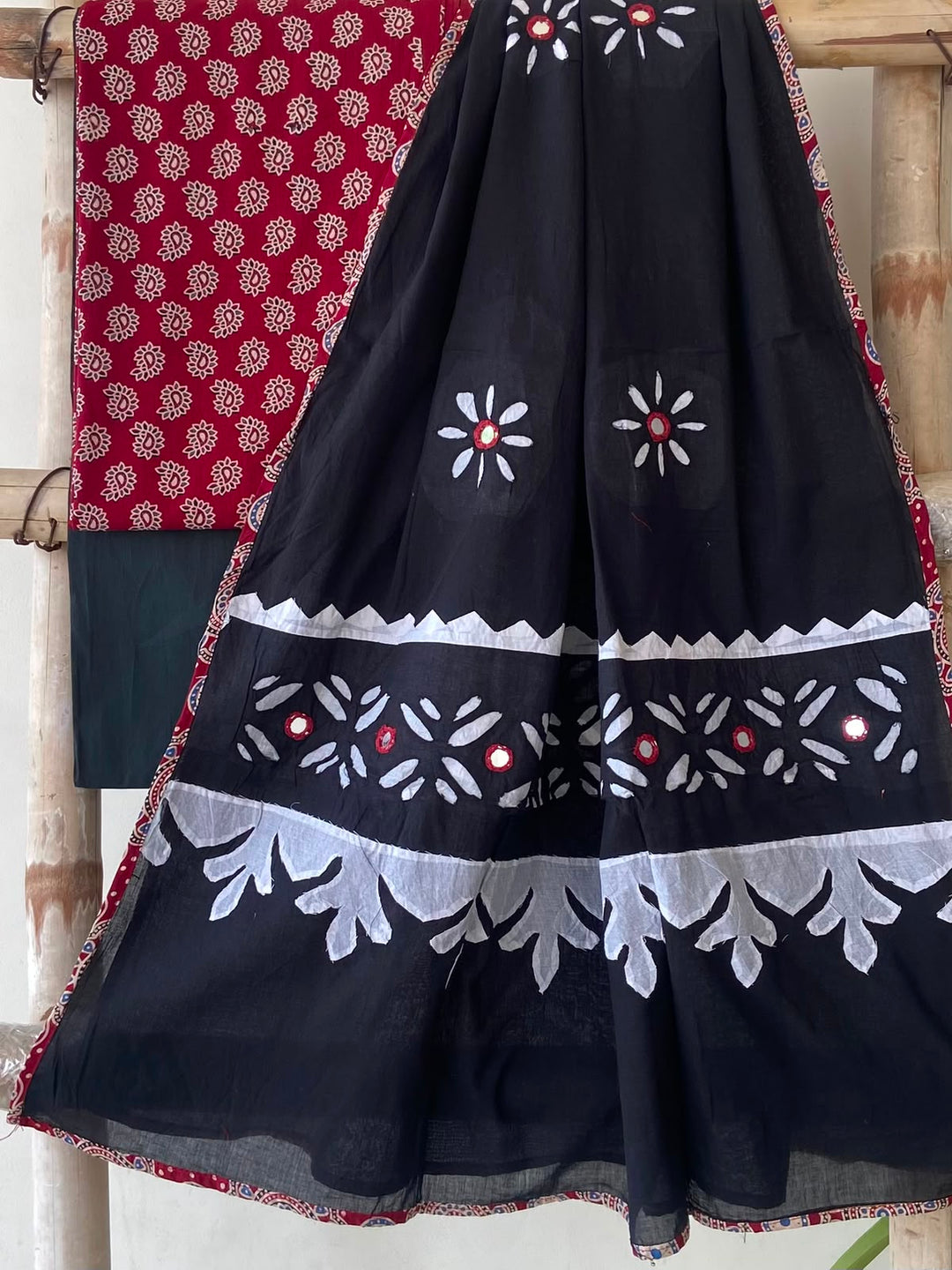 Pure Cotton Azrakh Print Unstitched Suit With Patch Work & Mirror Work Dupatta.