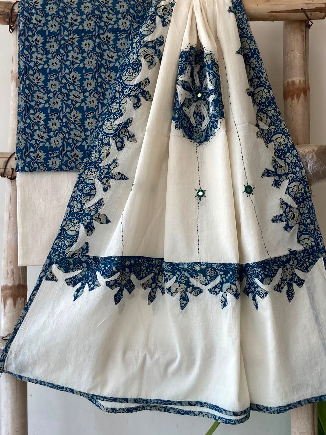 Pure Cotton Azrakh Print Unstitched Suit With Patch Work & Mirror Work Dupatta.