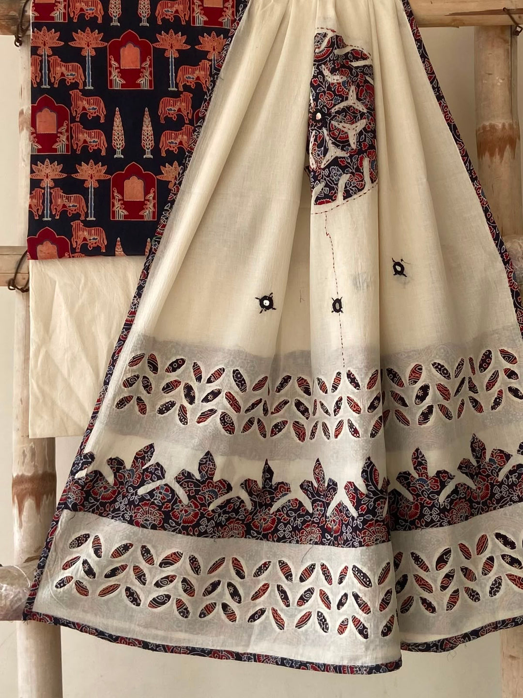 Pure Cotton Azrakh Print Unstitched Suit With Patch Work & Mirror Work Dupatta.