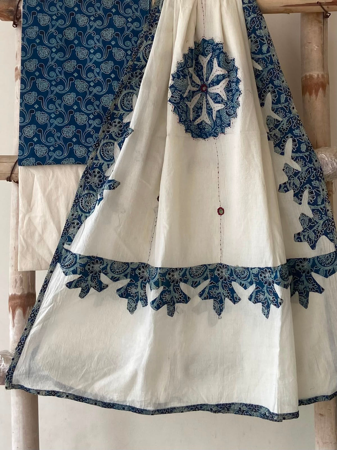 Pure Cotton Azrakh Print Unstitched Suit With Patch Work & Mirror Work Dupatta.