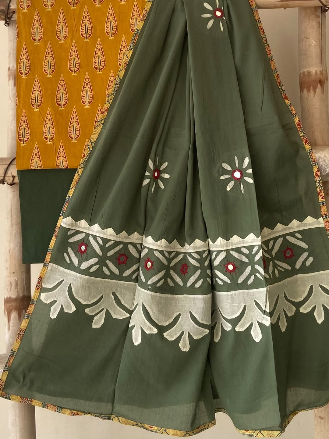Pure Cotton Azrakh Print Unstitched Suit With Patch Work & Mirror Work Dupatta.