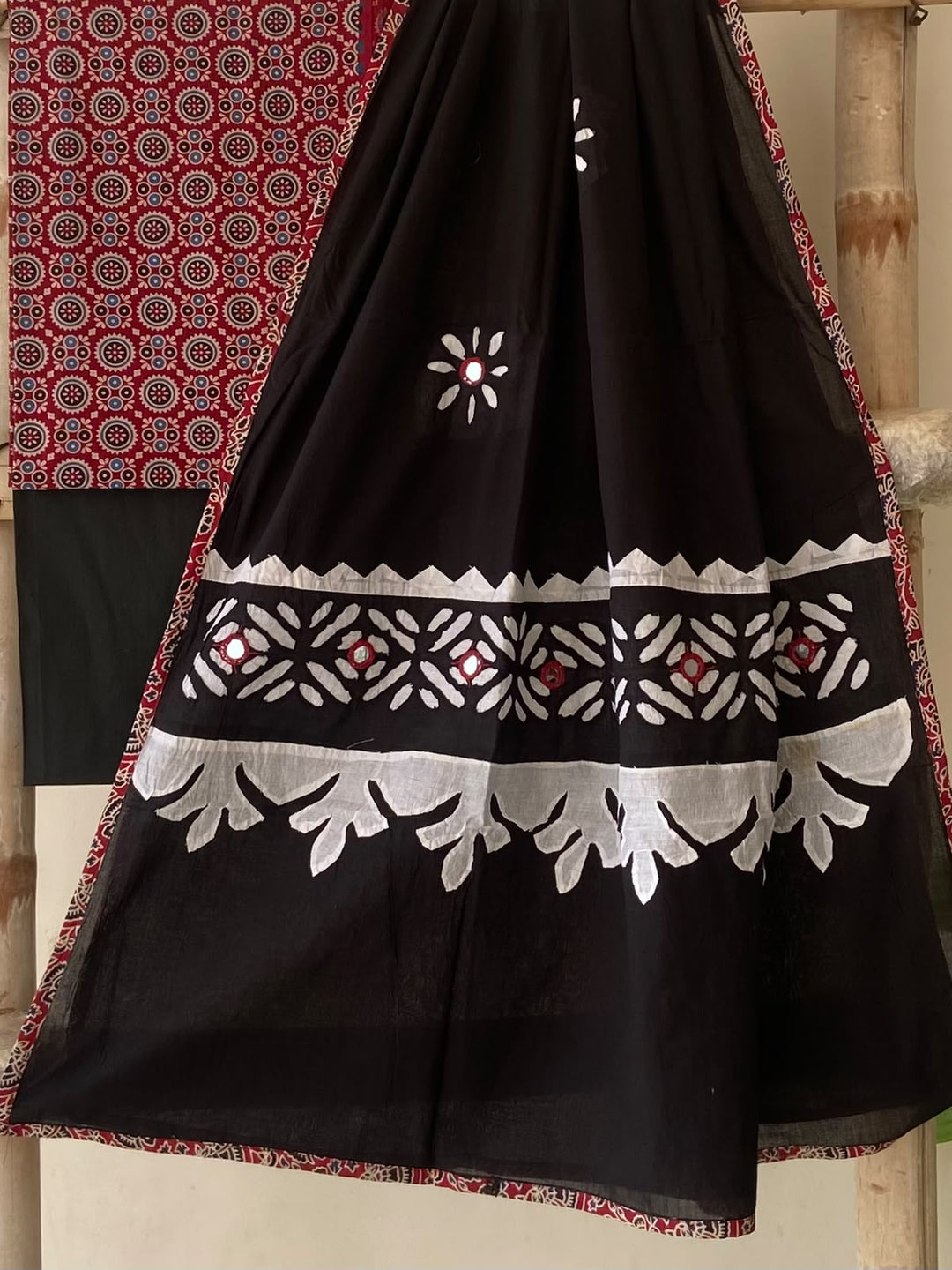 Pure Cotton Azrakh Print Unstitched Suit With Patch Work & Mirror Work Dupatta.