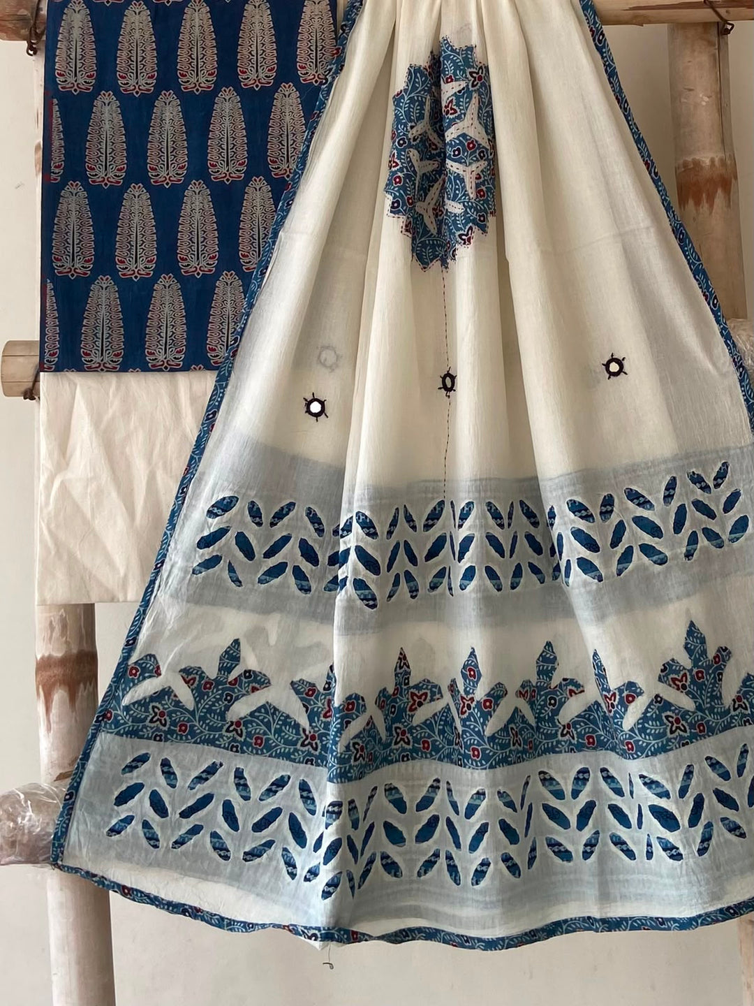 Pure Cotton Azrakh Print Unstitched Suit With Patch Work & Mirror Work Dupatta.