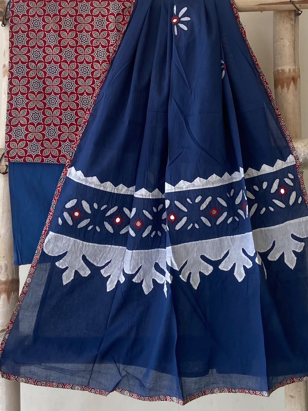 Pure Cotton Azrakh Print Unstitched Suit With Patch Work & Mirror Work Dupatta.