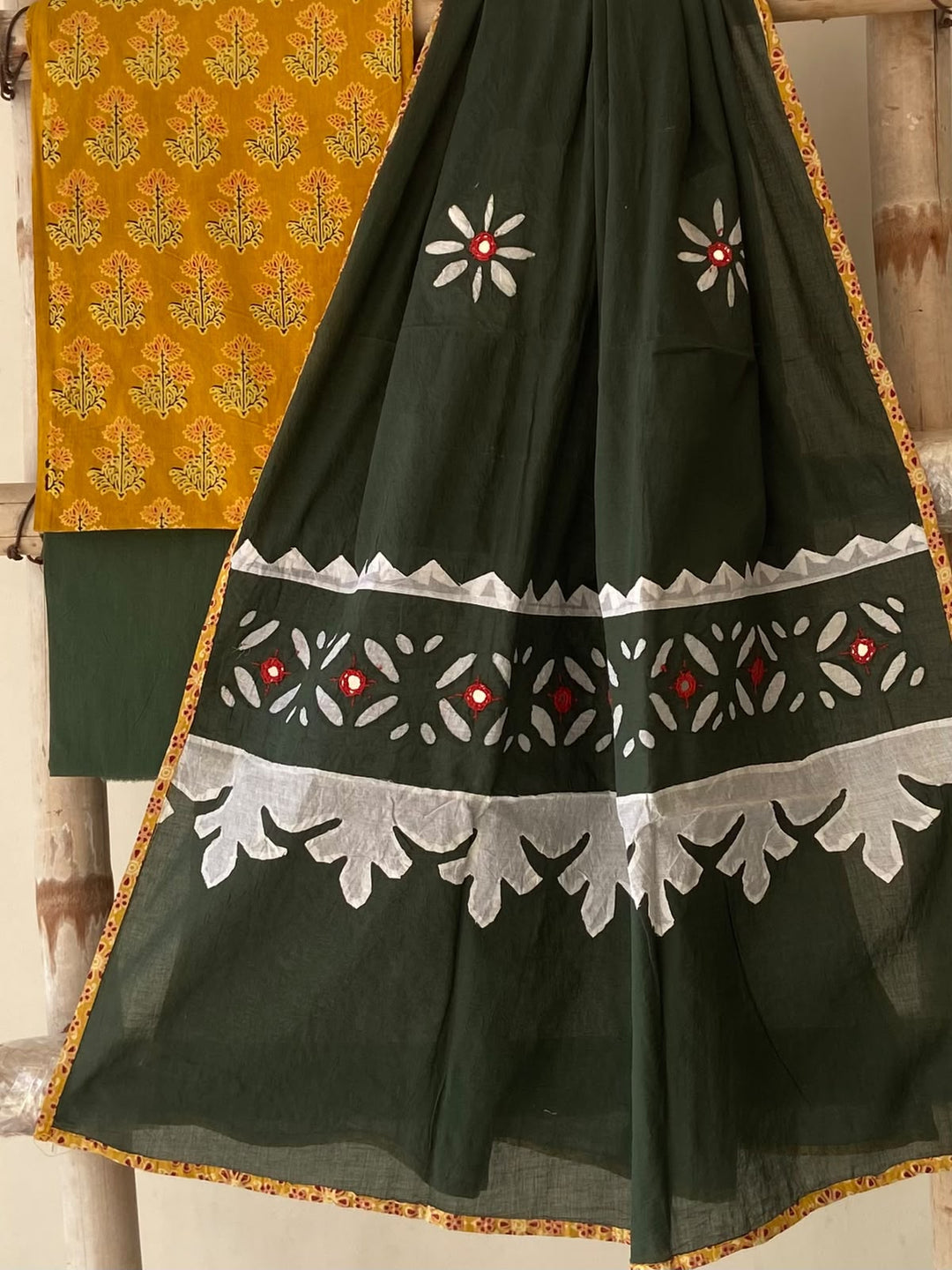 Pure Cotton Azrakh Print Unstitched Suit With Patch Work & Mirror Work Dupatta.