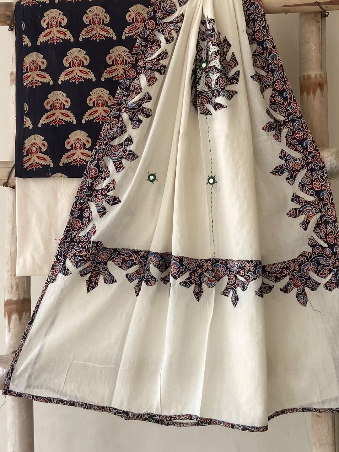 Pure Cotton Azrakh Print Unstitched Suit With Patch Work & Mirror Work Dupatta.