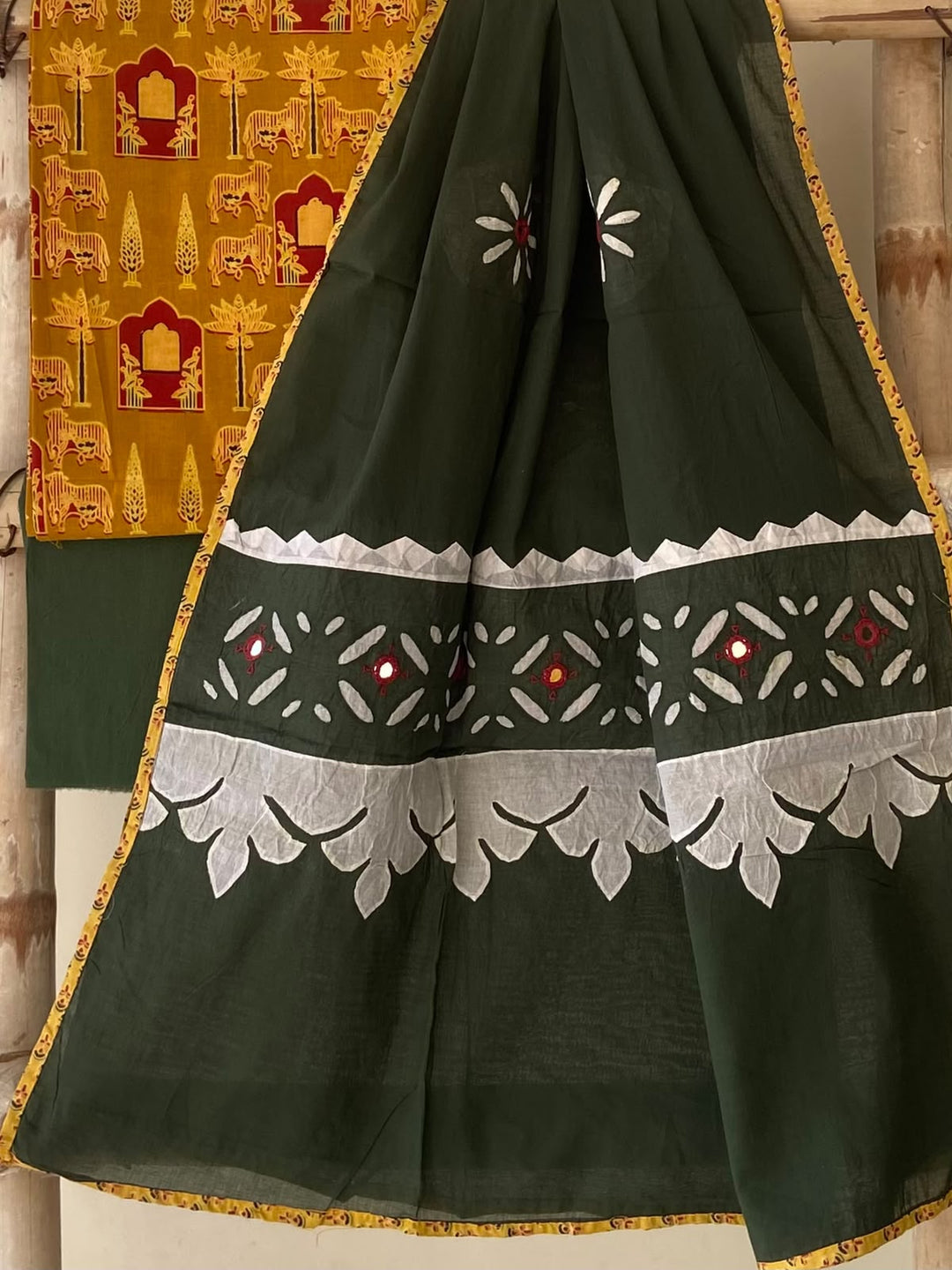 Pure Cotton Azrakh Print Unstitched Suit With Patch Work & Mirror Work Dupatta.