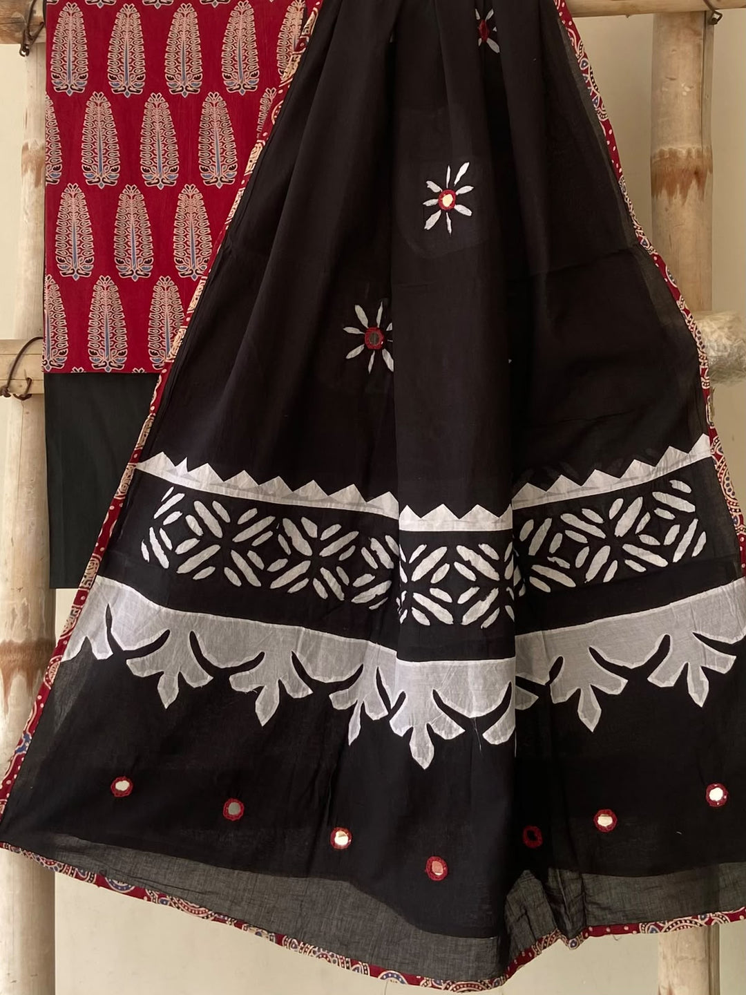 Pure Cotton Azrakh Print Unstitched Suit With Patch Work & Mirror Work Dupatta.