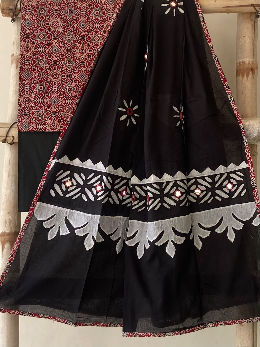 Pure Cotton Azrakh Print Unstitched Suit With Patch Work & Mirror Work Dupatta.