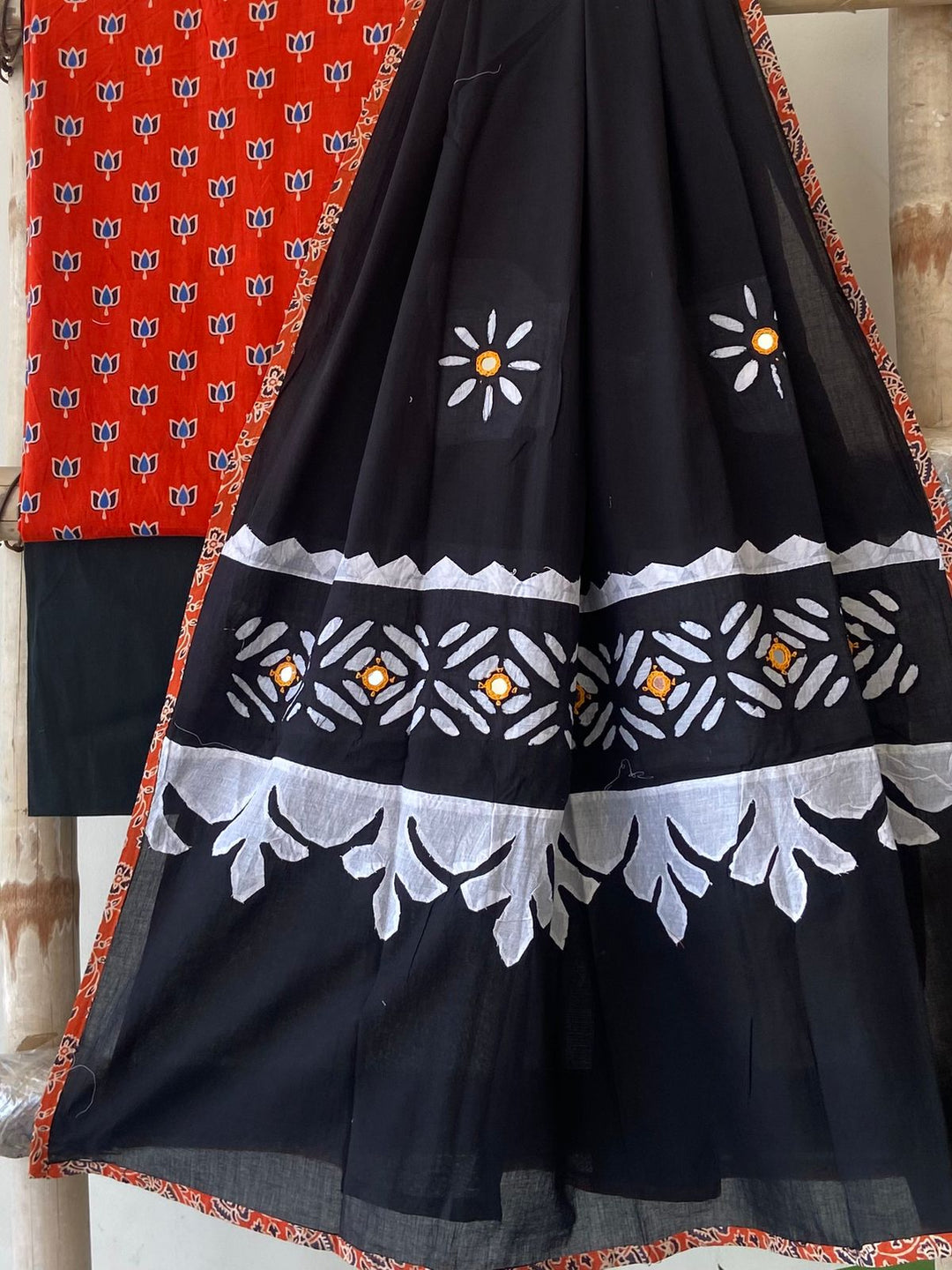 Pure Cotton Azrakh Print Unstitched Suit With Patch Work & Mirror Work Dupatta.