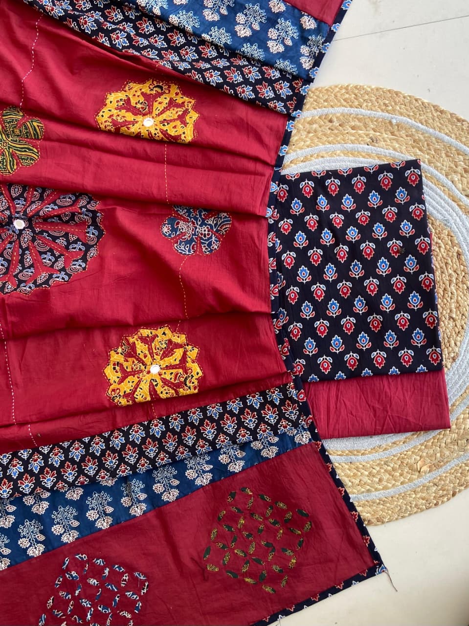 Pure Cotton Azrakh Print Unstitched Suit With Patch Work & Mirror Work Dupatta.