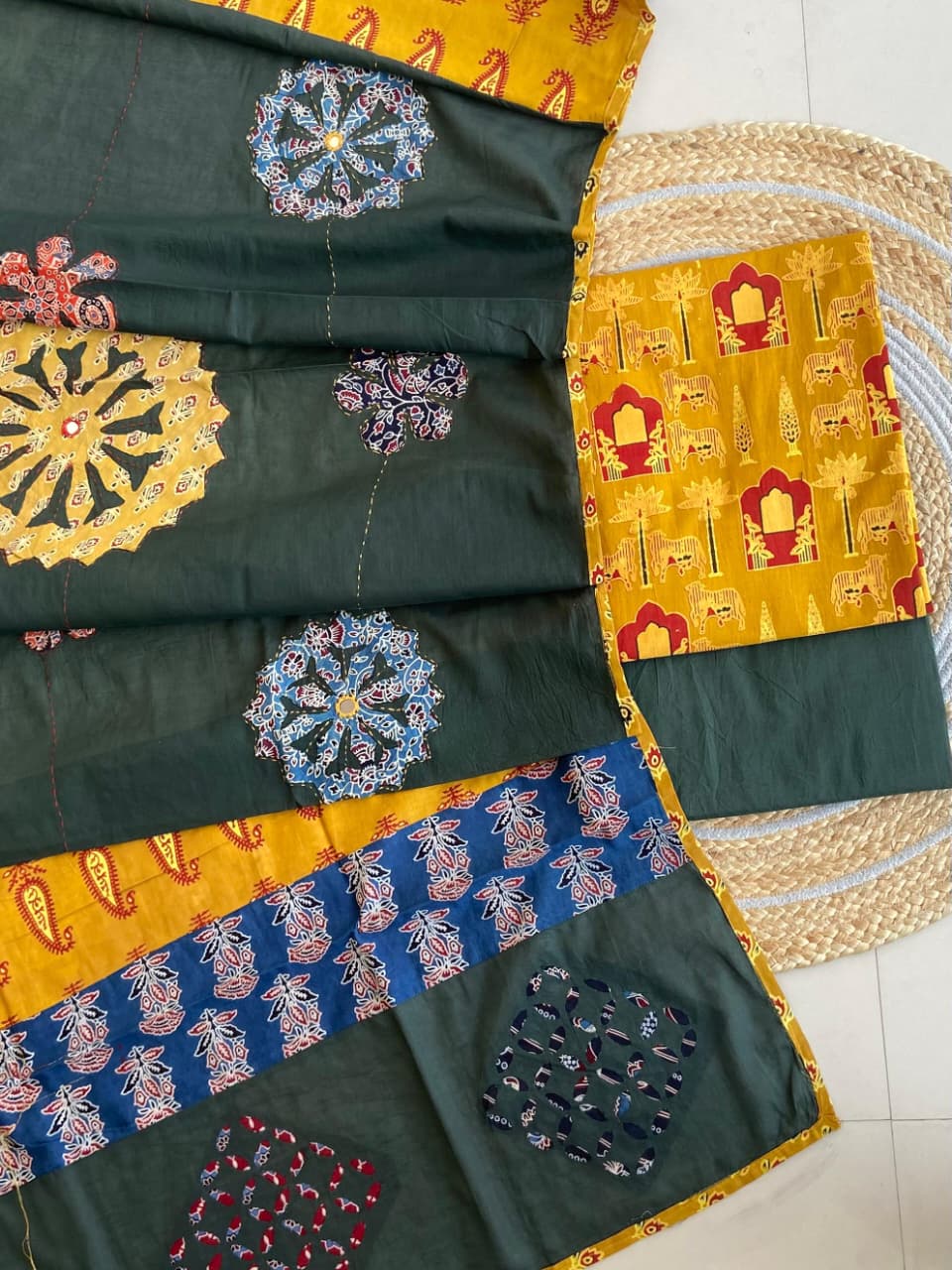 Pure Cotton Azrakh Print Unstitched Suit With Patch Work & Mirror Work Dupatta.