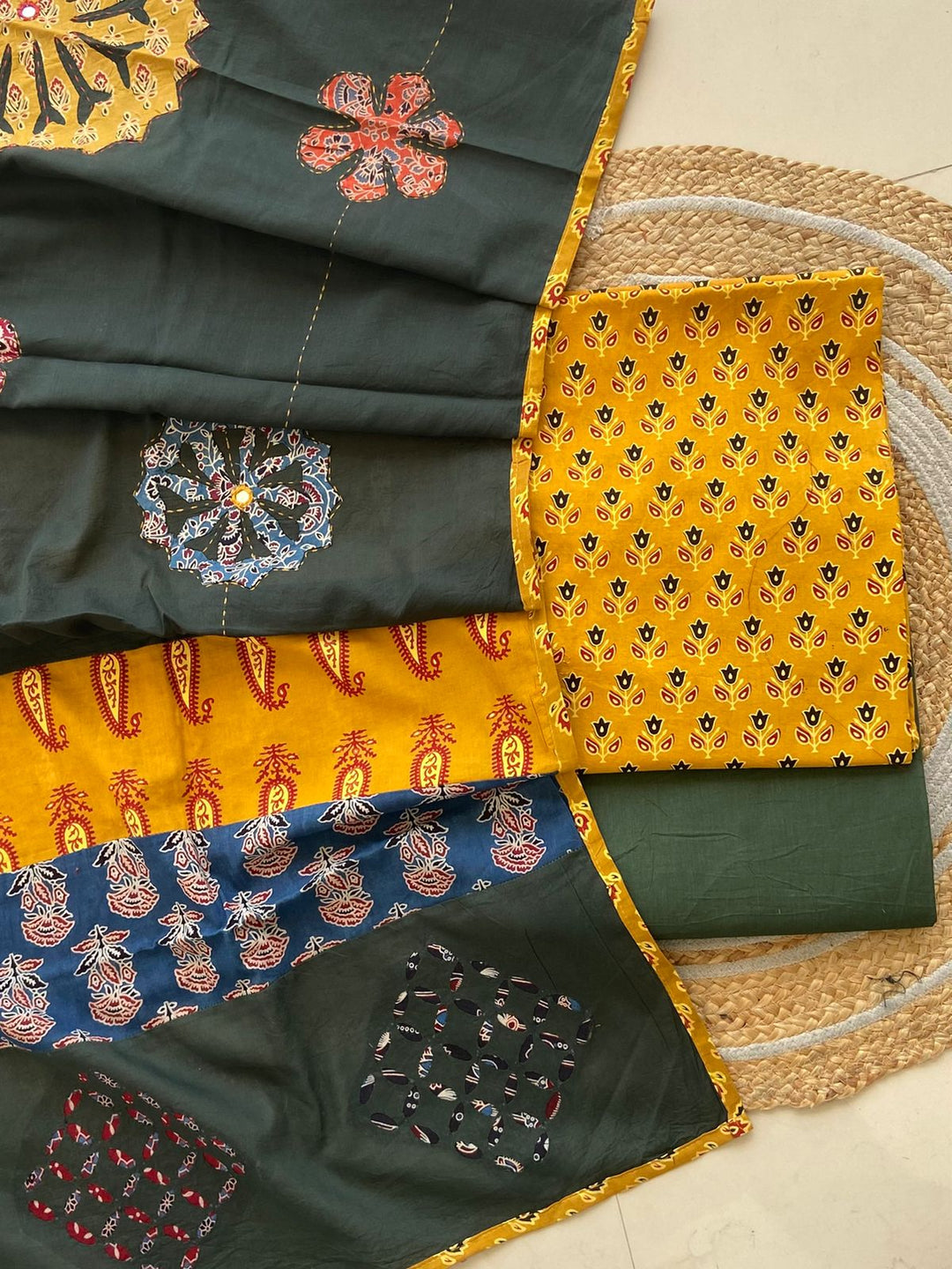 Pure Cotton Azrakh Print Unstitched Suit With Patch Work & Mirror Work Dupatta.