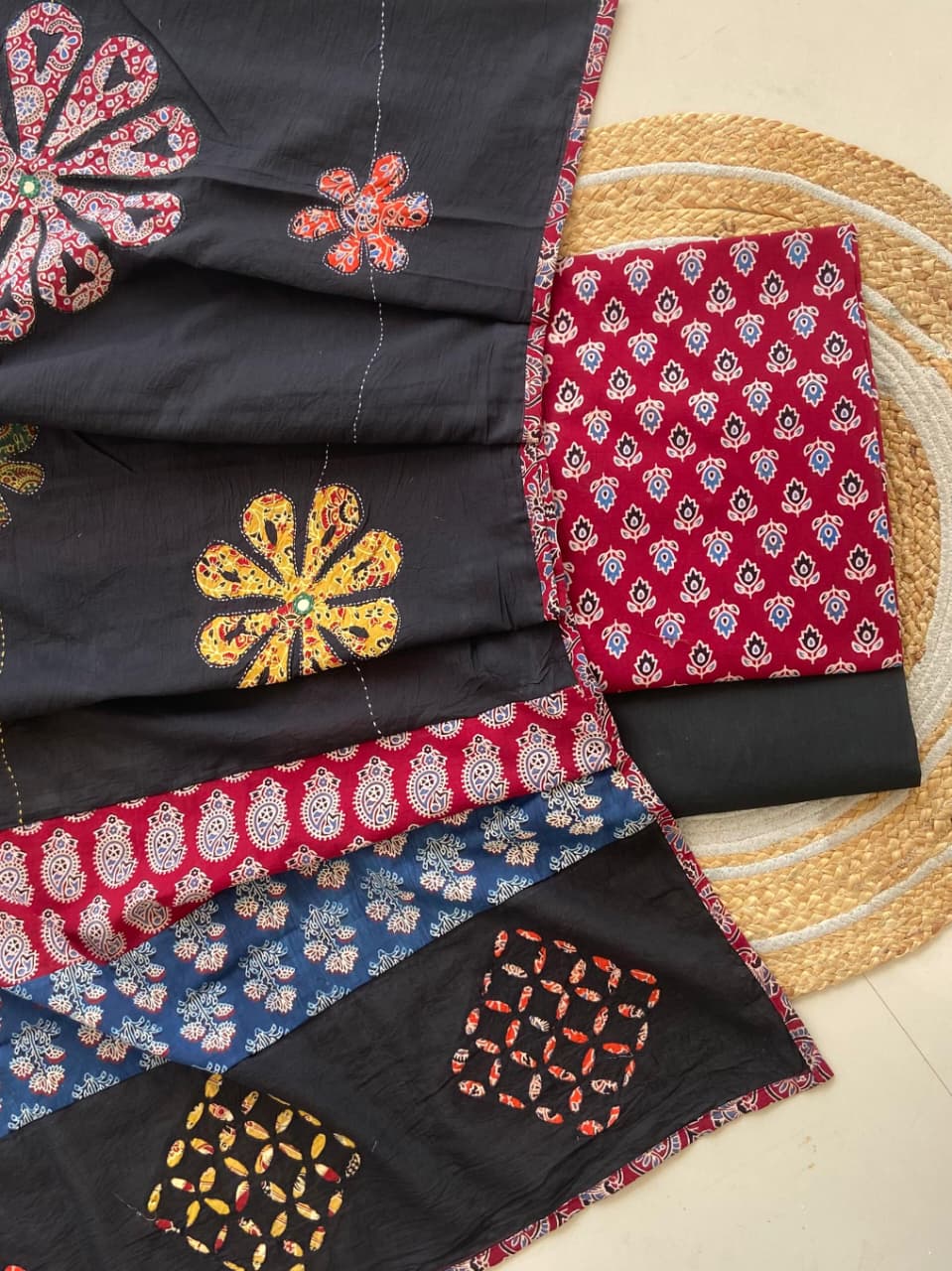 Pure Cotton Azrakh Print Unstitched Suit With Patch Work & Mirror Work Dupatta.